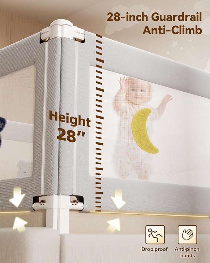 Baby Bed Rail Guard for Toddlers, Reinforced 78.7in Toddler Bed Rails for Queen, King Bed with Height Adjustable, Extral Tall Child Safety Side Railing Guards/Bedrail for Kids,Grey Star, 1 Side