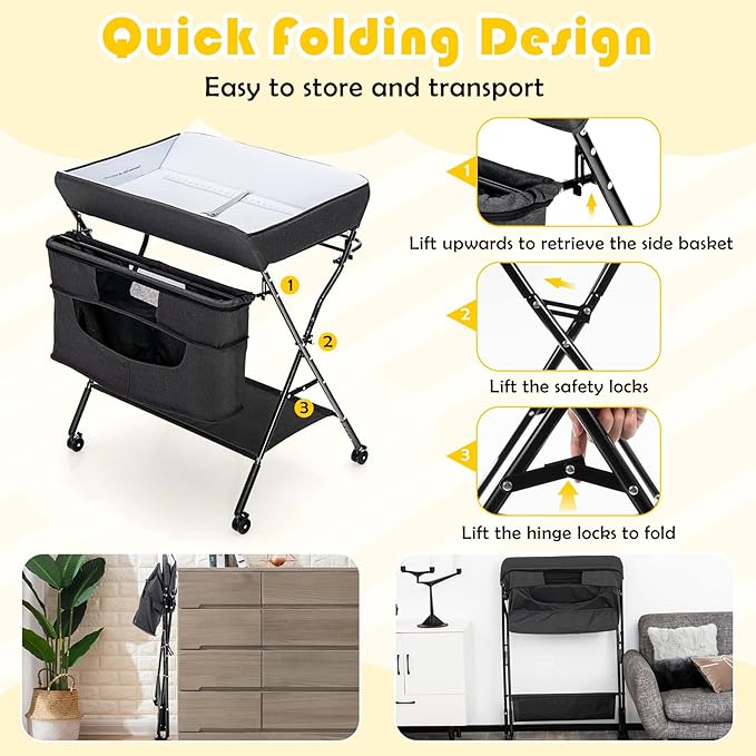 Costzon Baby Changing Table, Adjustable Height Portable Diaper Station w/Lockable Wheels, Safety Belt, Large Storage Rack & Bag, Folding Nursery Station for Infant Newborn (Black)