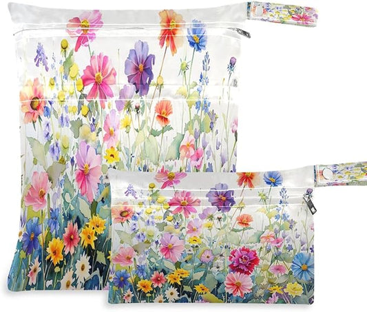 2 Piece Wet and Dry Storage Bag, Travel Wet and Dry Bag, Waterproof Reusable, For Travel, Beach, Pool, Diapers, Toiletries, Doodle Colorful Flower Pattern