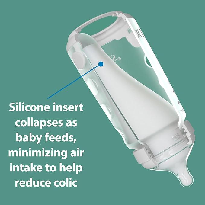 Dr. Brown's Silicone Baby Bottle with Collapsible Insert Designed to Reduce Colic, 9 oz with Wide-Neck Level 2 Medium Flow Nipple, 3m+, Green, 4-Pack