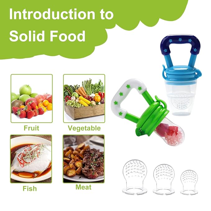 Food Feeder for Baby, Fruit Feeder Pacifier (3 Pcs) with 6 Different Sized Silicone Pacifiers,Silicone Baby Food Dispensing Spoon 90ML with Babies Spoons,Pacifier Clip Babies Feeding Set