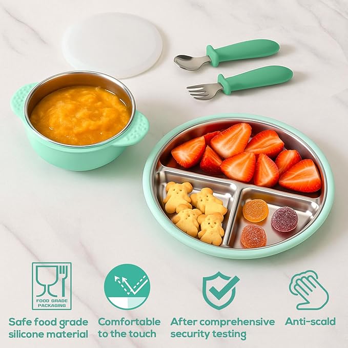 Mity rain Stainless Steel & Silicone Toddler Plates and Bowls Set with Suction,5-Piece Suction Plates & Bowls for Toddler,Removable Shell,Silicones Baby Plates for Independent Eating(Light Green)