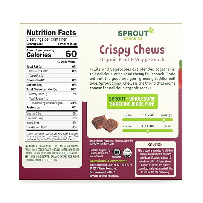 Sprout Organic Baby Food, Stage 4 Toddler Fruit Snacks, Red Fruit Beet & Berry Crispy Chews, 0.63 Oz Single Serve Packs (5 Count)