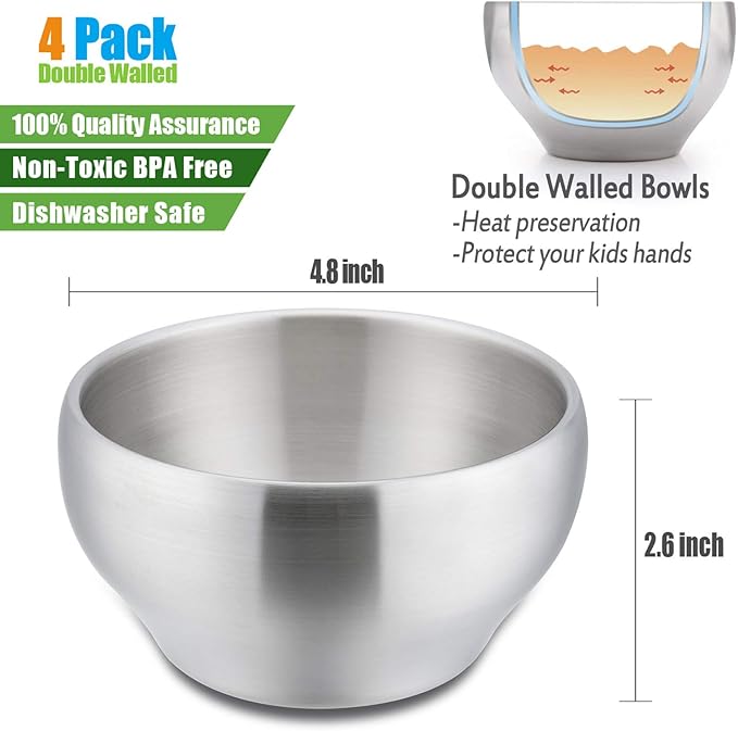 HaWare Heavy 18/8(304) Stainless Steel Bowls(Double Walled), 12 oz Kids Toddlers Feeding/Soup/Snacks Bowls, Unbreakable and Dishwasher Safe(4 Pack)