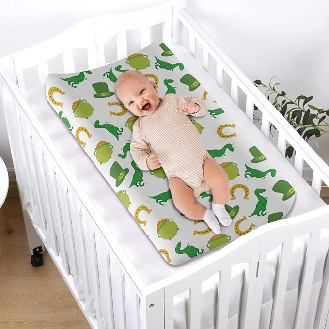 Dinosaur Hat Lucky Changing Pad Cover Waterproof Cozy Table Sheets St. Patrick's Day Universal Nursery Pad Change Cover Stretchy Breathable Cradle Sheets