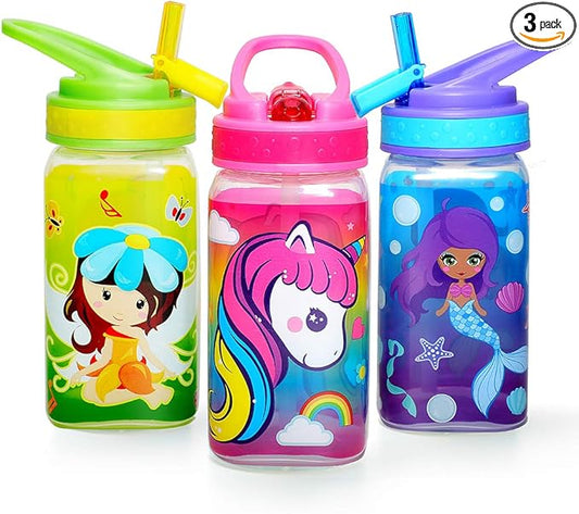 15oz Kids Water Drinking Bottle - BPA Free, Wide Mouth, Flip Sip Top, Easy Open, Lightweight, Leak-Proof, Cute Design For Girls & Boys - 3 Pack Unicorn & Fairy & Mermaid