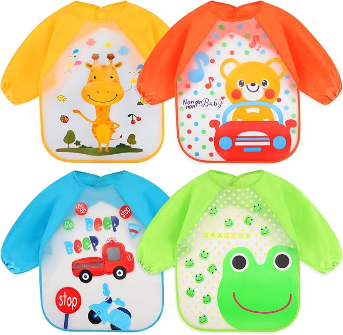 Accmor 4 Pack Long Sleeve Baby Bibs, Waterproof Sleeved Bib, Toddler Baby Girls Boys Smock Bibs for 6-36 Months