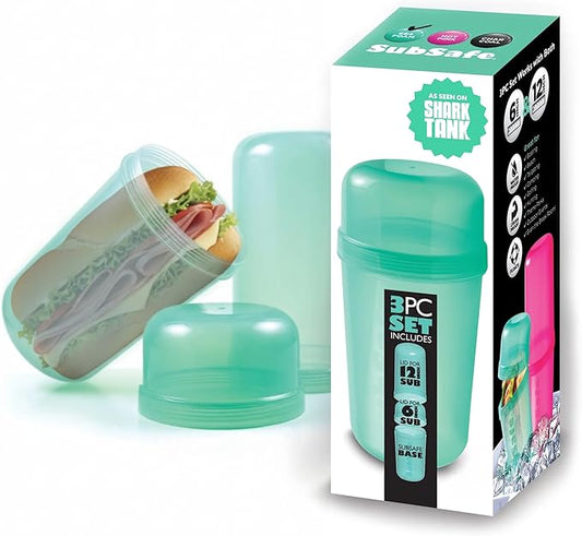 SubSafe 3-Piece Sub Sandwich Container, Seafoam Green - As Seen on Shark Tank - Waterproof, Crushproof, BPA-Free Food Storage that Floats - Fits 6 & 12 in Subs - Great for Travel, Beach, Camping