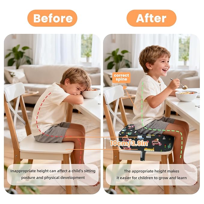 Toddler Booster Seat for Dining Table Kitchen Chair, Kids Booster Seat with Non-Slip Bottom and Adjustable Straps, 4" Detachable Washable Portable Travel Increasing Cushion (Transportation)