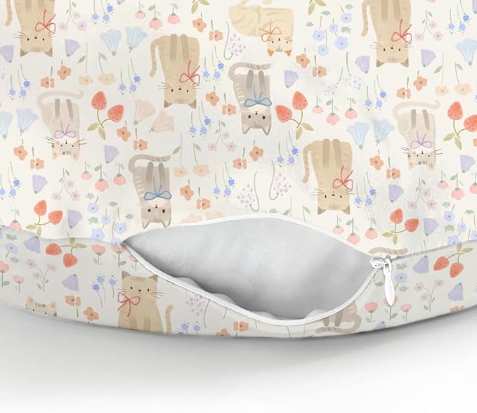 Boho Cats Bows Strawberries Flowers Baby Nursing Pillow Covers for Boy Girl Cute Kittens Meadow Floral Nursery Pillowcase for Breastfeeding Pillows Cat Lovers Gift Soft Stretchy Slipcovers for Infant