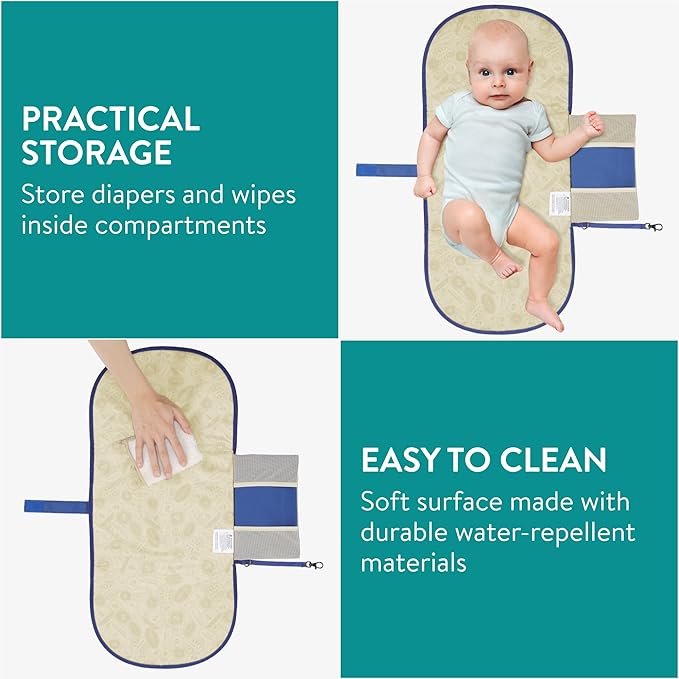 Navaris Baby Changing Mat Portable - Slim Lightweight & Foldable Baby Change Mat - Water Repellent Travel Changing Mat with Pockets - Folding Mat for Clean Diaper Changes - Ocean