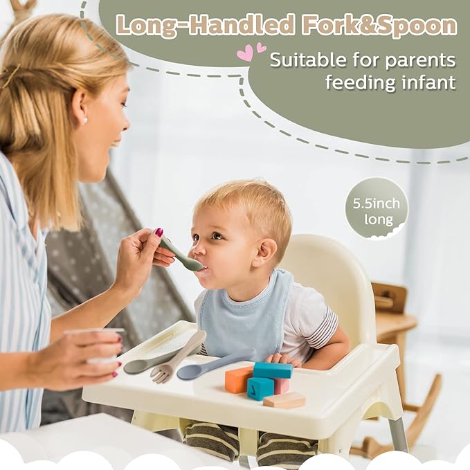 Nuenen 6 Pieces Silicone Baby Feeding Forks and Spoons Set Hot Safety First Stage Self Feeding Supplies Mini Kids Utensils for over 6 Months Babies Boy Girl Toddlers First Foods (Neutral Color)