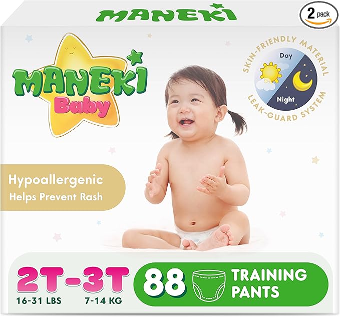 Maneki Baby Hypoallergenic Potty Training Pants 2T–3T, 88 Count (16-31 lbs), Pull-On Diaper Pants & Training Underwear, Soft, Unscented & High Absorbency for Overnight & Daily Use (Pack May Vary)