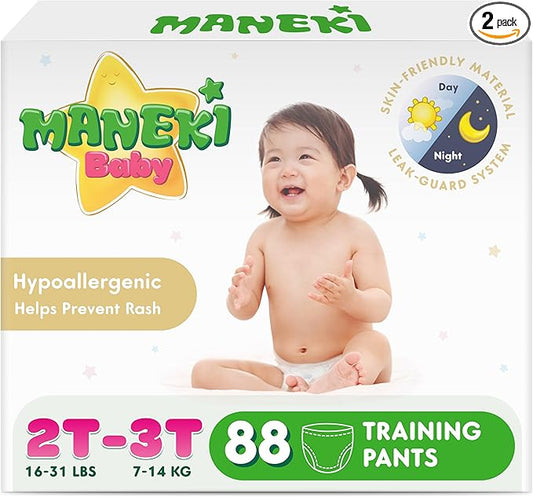 Maneki Baby Hypoallergenic Potty Training Pants 2T–3T, 88 Count (16-31 lbs), Pull-On Diaper Pants & Training Underwear, Soft, Unscented & High Absorbency for Overnight & Daily Use (Pack May Vary)