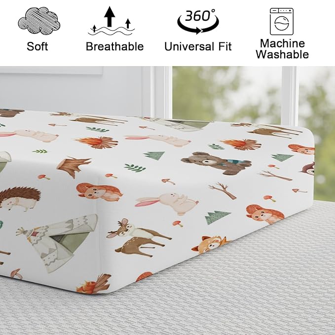 Camping Animals Changing Pad Cover Cute Bear Raccoon Squirrel Deer Rabbit Hedgehog Owl Change Table Cover for Boys Girls Soft Stretch Fitted Diaper Changing Mat Sheets 32''x16''