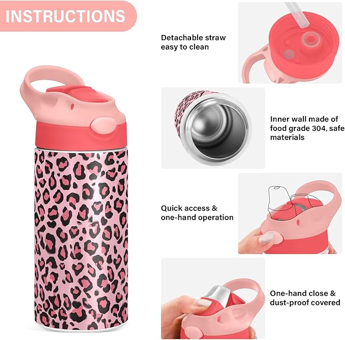 Purple Cheetah Kids Water Bottle with Straw and Carry Handle Leopard Vacuum Insulated Stainless Steel Bottles Leak-Proof for Boys Girls Toddler 12 oz Pink Lid