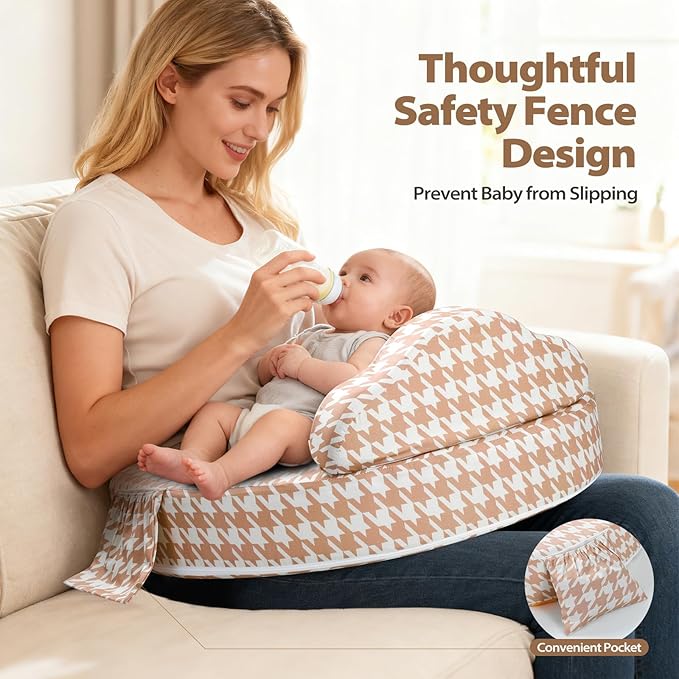 Nursing Pillow -Memory Foam Bottle & Breastfeeding Pillow with Safety Fence -Ergonomic Support, with Wider Breast Feeding Cushion, Adjustable, Removable Cover, Baby Safety Certified Houndstooth