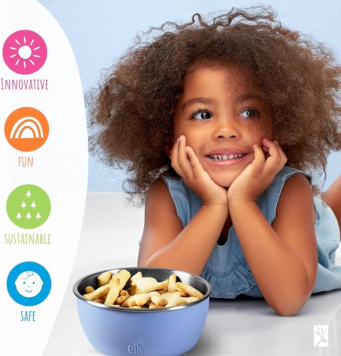Elk and Friends Stainless Steel Bowls with Silicone Sleeve for Babies & Toddlers | Lids Included | Stay Put Suction | Cereal & Snack Bowls | 4 Pack
