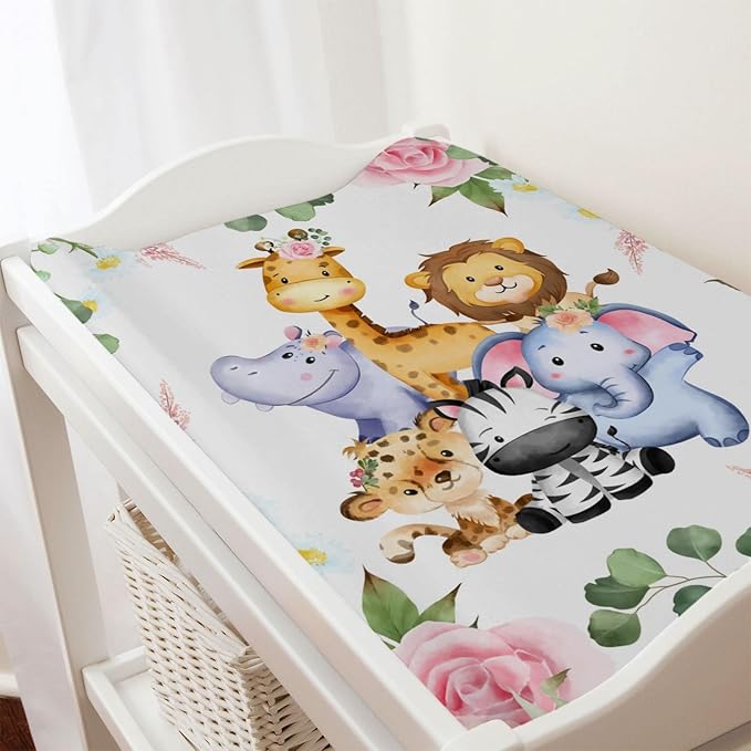 Jungle Safari Animals Tropical Leaves Flowers Changing Pad Cover Lion Elephant Zebra Giraffe Hippo Change Table Covers for Boys Girls Soft Stretchy Diaper Changing Mat Sheets Cover 32''x16''