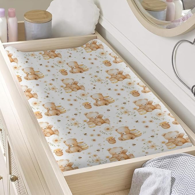 Cute Bears Bee Flowers Floral Pattern Baby Changing Pad Cover, Unisex Bear Nursery Diaper Changing Table Pad Mat Sheet for Boys Girls-16x32