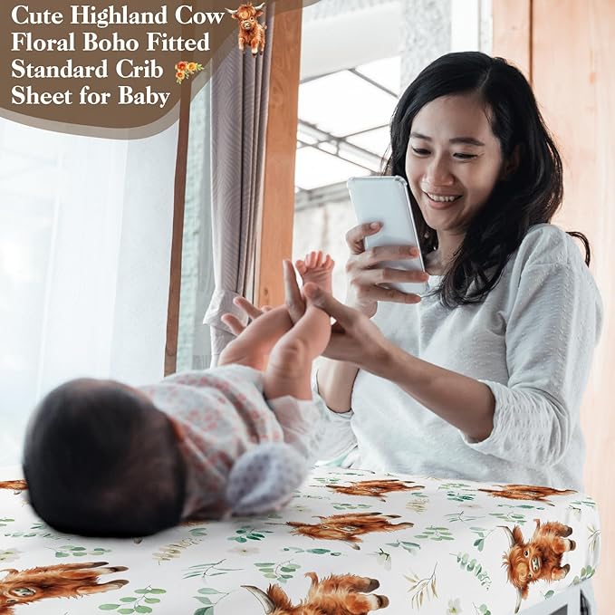 4 Pack 52" x 28" Changing Pad Cover for Boys Girls Highland Cow Eucalyptus Leaf Floral Pattern Neutral Nursery Decor Change Table Covers Soft Changing Pad Sheets for Baby Girls Baby Boys