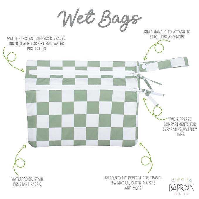 BapronBaby Floral/Nature Wet Dry Bag - Waterproof Two Zipper Pockets - Reusable for Mealtime, Diapers, Stroller, Snacks, Swimsuits 11" x 9" (Sage Checkerboard, 11" x 9")