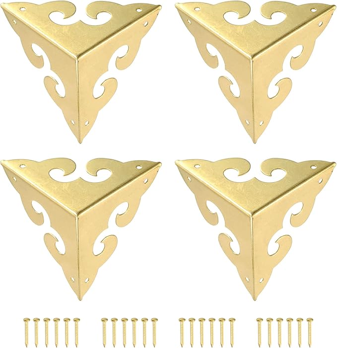 uxcell 4 Pcs Brass Edge Guard, 45mm Decorative Box Corner Cover, Corner Protector, Vintage Stair Dust Corners with Screws, Gold