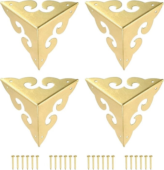 uxcell 4 Pcs Brass Edge Guard, 45mm Decorative Box Corner Cover, Corner Protector, Vintage Stair Dust Corners with Screws, Gold