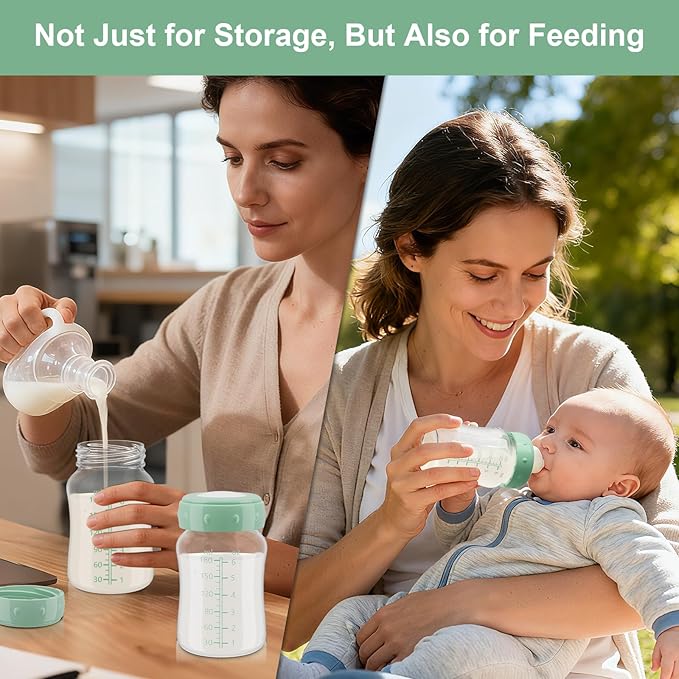 Breastmilk Storage Bottle Compatible with Spectra/Motif Luna/afontoto Flange, 4PCS Breast Milk Container for Fridge, Wide-Neck, BPA Free Baby Bottles with Lid Fit Momcozy Breast Milk Cooler 22oz Green