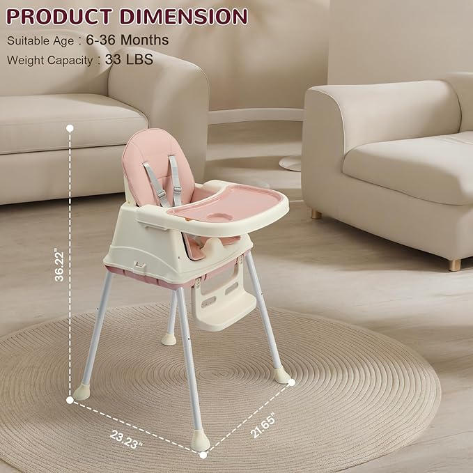 Ktaxon 6-in-1 Baby High Chair, Portable Convertible Highchair with Removable Dual-Layer Tray, 5-Point Safety Harness and Locking Wheels for Toddlers & Babies, Pink