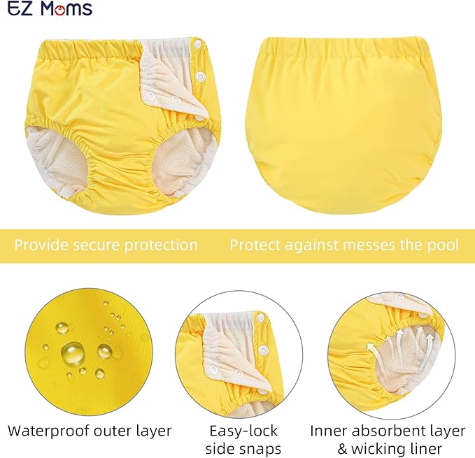 EZ Moms 2 Packs Reusable Swim Diapers Toddler Baby Swim Diaper Size 4 Washable Snap Pool Swimming Diaper 4T Soft and Silky Waterproof Diapers for Swimming Lessons Boys and Girls with a Laundry Bag