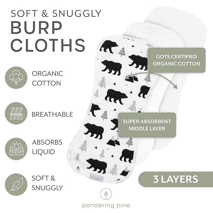 Organic Burp Cloths for Baby Boys and Girls with Bag - XLarge Absorbent Burping Clothes, Newborn Towel, Milk Spit Up Rags, Burpy Cloth Bib for Unisex, Boy, Girl, Baby Bear Woodland, 4 Pack