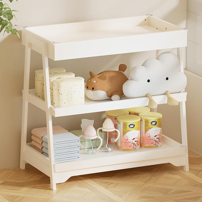 KORIMEFA Baby Changing Table with Two Open Shelves for Infant Daycare Essentials Storage - White with White Legs
