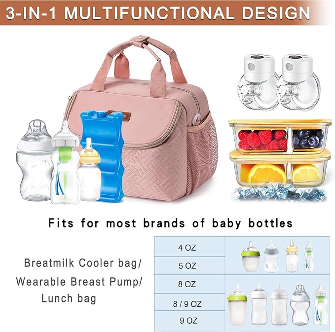 Breastmilk Cooler Bag with Ice Pack Fits 6 Baby Bottles up to 9 Ounce, Wearable Breast Pumps Cooler Bag for Nursing Mom Daycare, Work, Travel- Pink