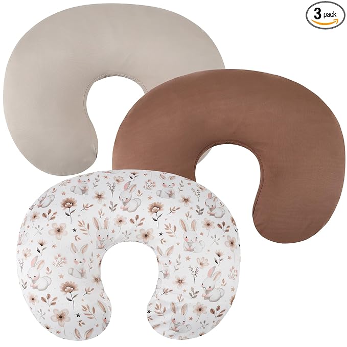 Nursing Pillow Cover Set 3 Pack Nursing Pillow Slipcovers for Moms Breastfeeding Moms, Ultra-Soft Stretchy Fit Standard Nursing Pillows Cream/Brown/Rabbit