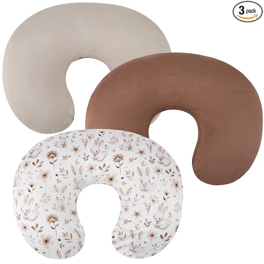 Nursing Pillow Cover Set 3 Pack Nursing Pillow Slipcovers for Moms Breastfeeding Moms, Ultra-Soft Stretchy Fit Standard Nursing Pillows Cream/Brown/Rabbit