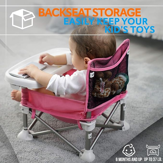 SereneLife Baby Seat Booster -Space Saver Toddler Booster Seat - Portable Pop and open Sit Folding Booster Feeding Chair - Safety Belt/Food Tray/Travel Bag - SereneLife
