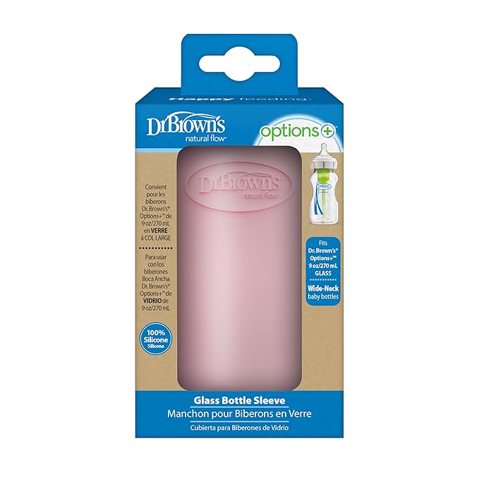 Dr. Brown's Options+ Wide-Neck Glass Bottle Sleeve, 100% Silicone, Pink, BPA-Free, 9 oz, 1-Pack
