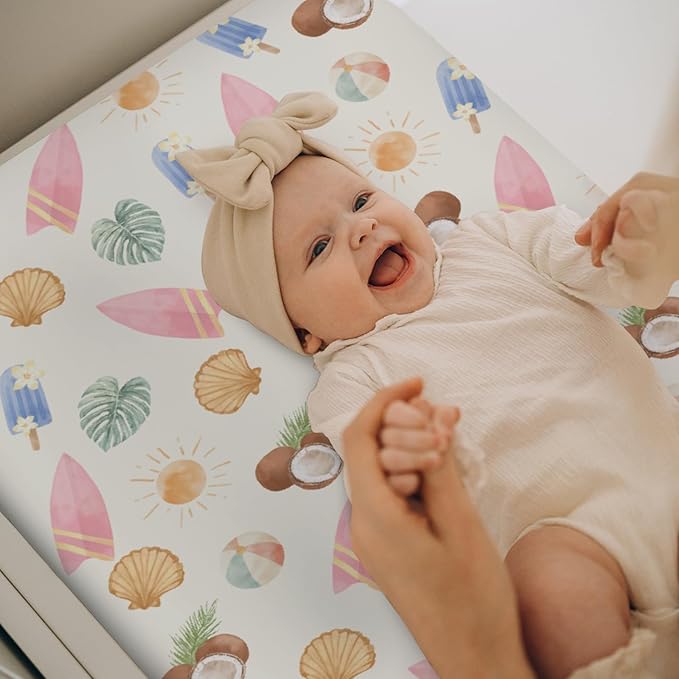 Neutral Summer Beach Changing Pad Covers for Baby Girls Boys Surfboard Coconut Seashells Sun Balls Fitted Change Table Pad Covers Mats Seaside Holiday Soft Diaper Changing Pad Sheets 32''×16''