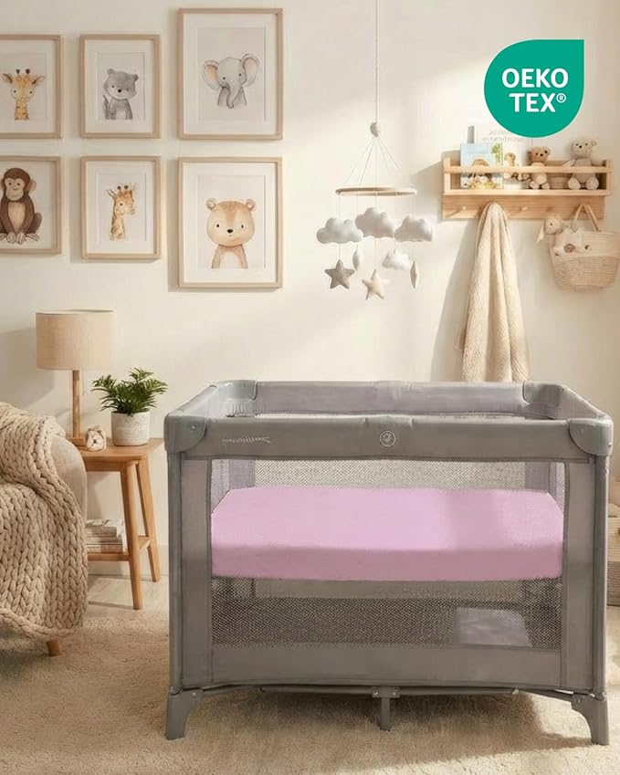 Pack and Play Sheets Fitted - 2 Pack Mini Crib Sheets for Pack N Play Mattress - Unisex Playard Microfiber Bedding for Boys & Girls - Soft, Breathable & Wrinkle Free - Oeko-Tex, 38 x 26in - Pink Duo