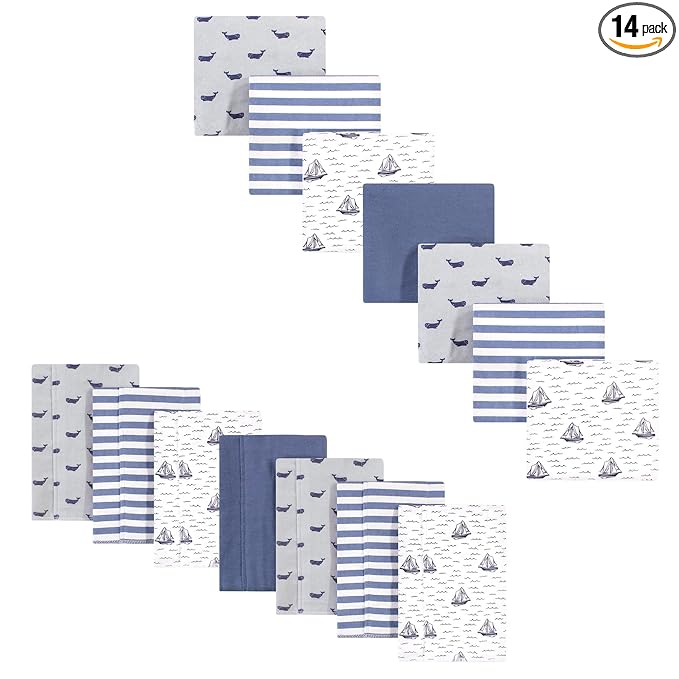 Hudson Baby Unisex Baby Cotton Flannel Burp Cloths and Receiving Blankets, 14-Piece, Sailboat, One Size
