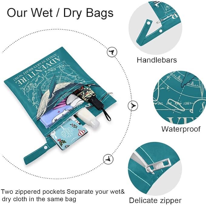 visesunny Blue Whale Adventure 2Pcs Wet Bag with Zippered Pockets Washable Reusable Roomy for Travel,Beach,Pool,Daycare,Stroller,Diapers,Dirty Gym Clothes, Wet Swimsuits, Toiletries
