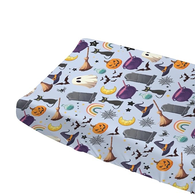 Halloween Boho Changing Pad Cover Spooky Witch Pumpkin Cat Bat Rainbow Baby Changing Pad Table Sheets for Boy Girl Halloween Moon Night Soft Stretchy Fitted Diaper Changing Table Mats 32''x16''