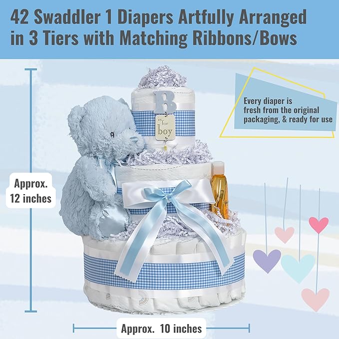 Lil' Baby Cakes Blue Boy Diaper Cake - Makes a Beautiful Boy Baby Gift - Adorable and Practical - Handmade with 42 Swaddler 1 Diapers - Size 10 in x 12 in