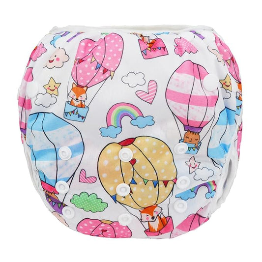 Baby Swim Diaper Nappy Pants Reusable Adjustable 0-3 Years Old Toddler Small Large (Large, Hot Air Balloons Animals)