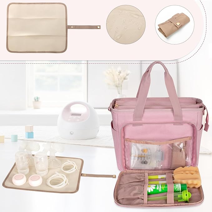 LUXJA Breast Pump Bag Compatible with Spectra S1 and S2 (with a Waterproof Mat), Pumping Bag for Breast Pump and Extra Parts, Pink
