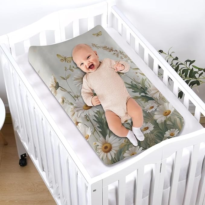 Daisy Print Changing Pad Cover for Baby Soft Diaper Change Table Covers with Elastic Edge Washable Changing Pads Liners for Newborn Fashion Nursery Decor