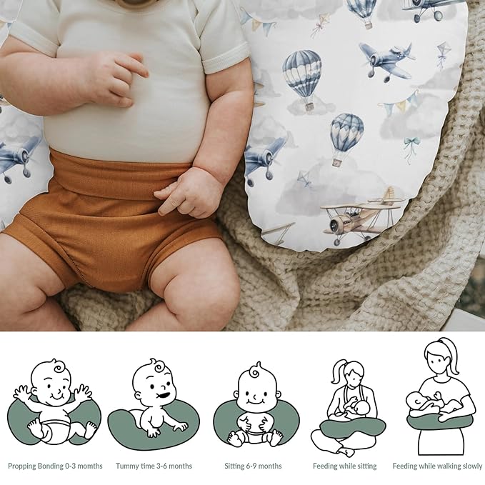 Vintage Planes Airplanes Helicopters Nursing Pillow Covers for Boy Girl Hot Air Balloon Plane Clouds Sky Nursing Pillow Slipcovers for Breastfeeding Pillows Soft Removable Covers for Newborn Infant