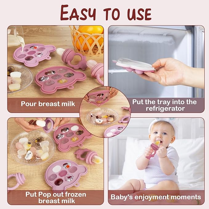 Baby Breastmilk Popsicle Molds & Baby Fruit Feeder (4 Pack), Infant Food Freezer Tray Storage Containers, Silicone Teething Pacifier Feeder and Teether for Babies,Silicone Feeder(Pink)
