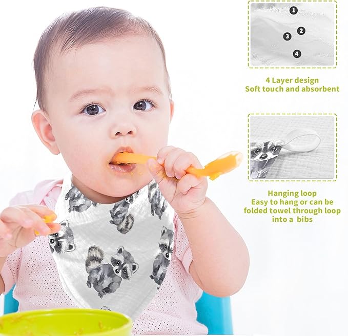 vvfelixl Little Raccoon Baby Burp Cloths Baby Muslin Washcloths for Boys Girls Cotton Babys Face Towel for Newborn Infants Soft and Absorbent 11.8 X 11.8 in, 5 Pack